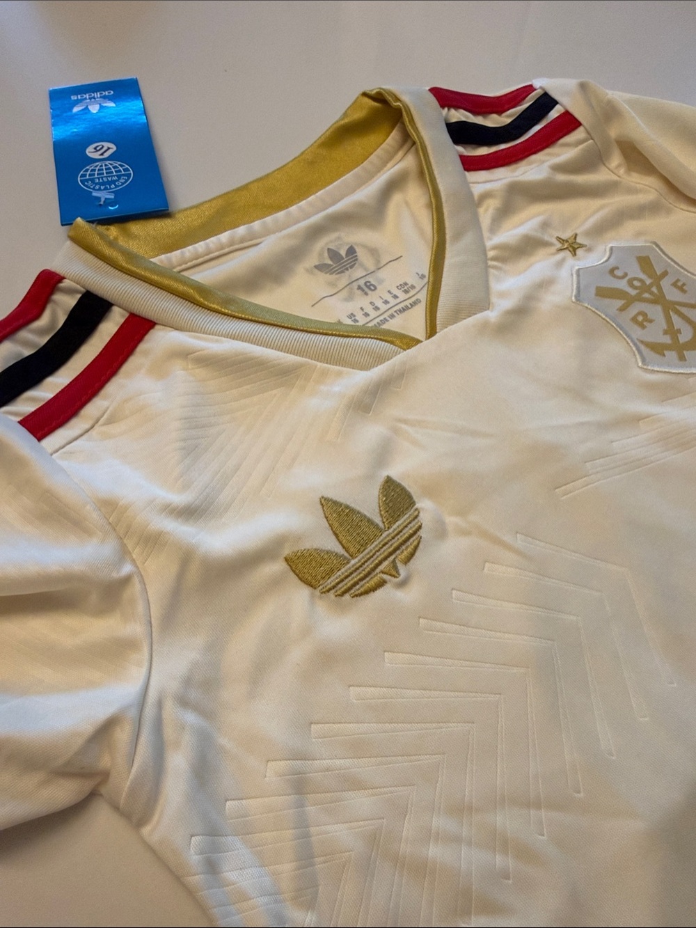 Kids Adidas Jersey with Gold Trefoil and Red-Black Shoulder Stripes